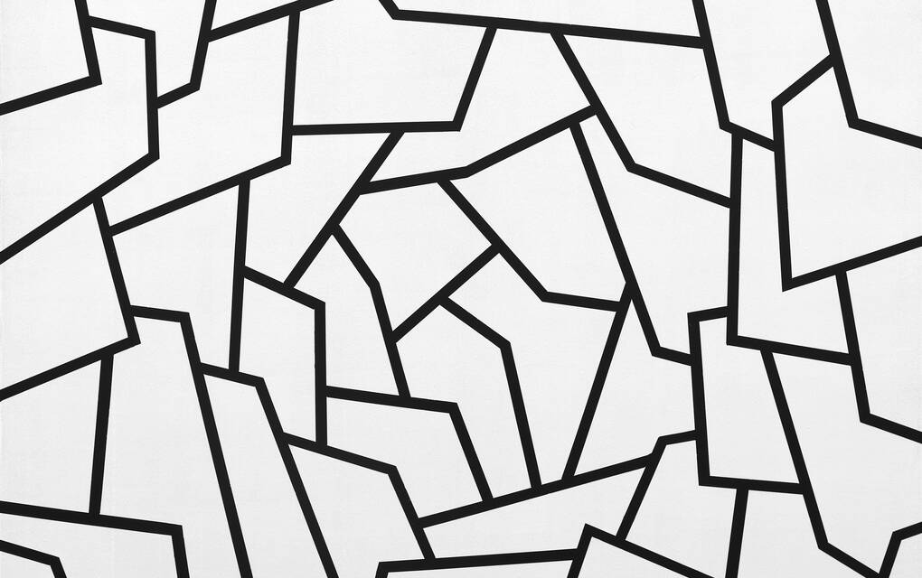 Abstract zwart-wit lijnenwerk met hoekige vormen.